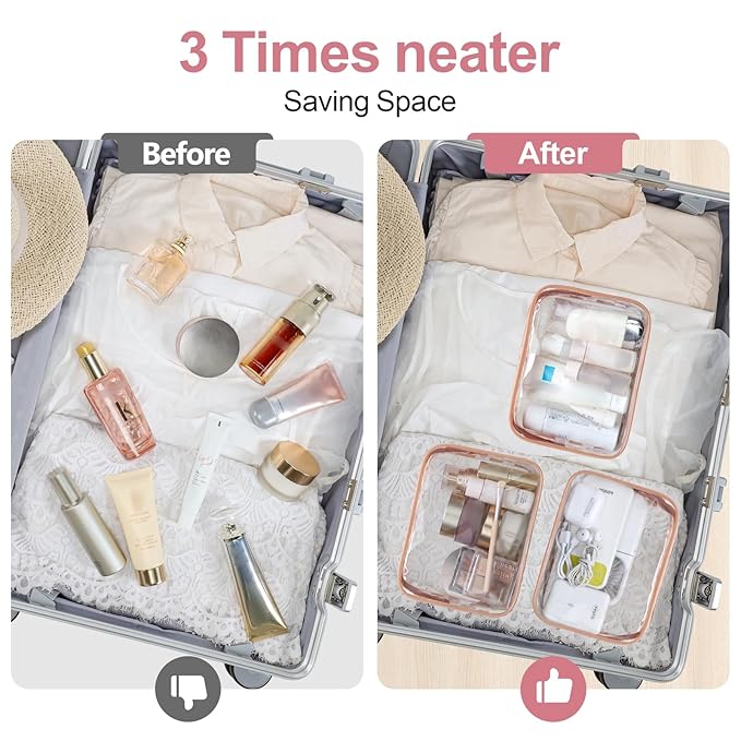 PACKISM TSA Approved Toiletry Bag - Rose Pink Flower Print Clear Makeup Bag, Suitable for Gifts, with Supporting Frame, Perfect for Travel Essentials, Thick No Smell