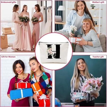 Floral Cat Initial Makeup Bag, Personalized Skin Care Bag, Travel Organizer Toiletry Bags for Women Mom Friends, Cosmetic Bags Makeup Pouch with Zipper, Letter H