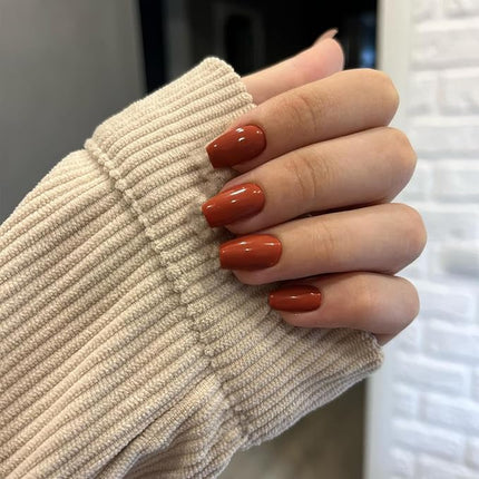 Caramel Press on Nails Medium Coffin Fake Nails Press ons, KXAMELIE Full Cover False Nails Tips Medium Length Glue on Nails Natural Thick Long Acrylic Nails 24Pcs Solid Color Coffin Nails for Women