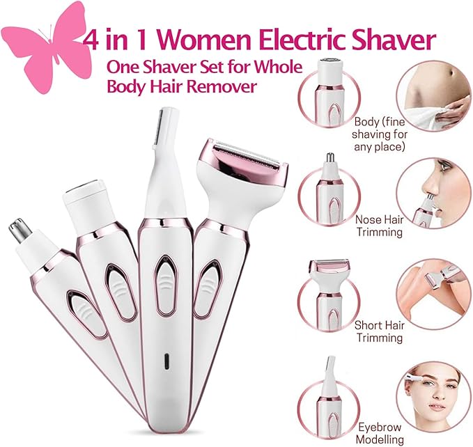 Electric Razors for Women Bikini Shaver for Women 4 in 1 Trimmer, Razors for Shaving Pubic Hair Remover, Painless & Safety for Pubic Body Facial Hair Removal, USB Rechargeable