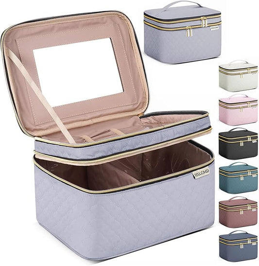Large Makeup Bag with Mirror Double Layer Travel Make Up Organizer Case, Large Capacity Coemetic with Brush Slot Divider, Travel Toiletry Bag for Women (Grey)