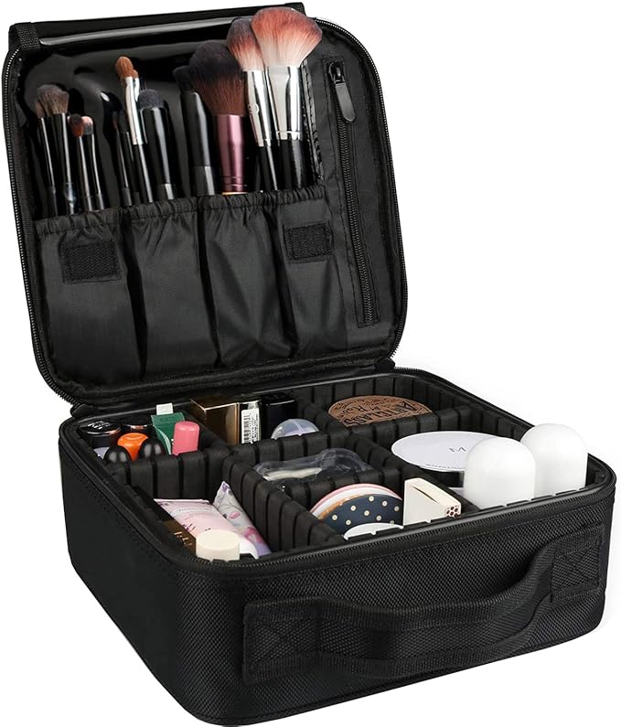 Travel Makeup Case, Cosmetic Train Case Organizer Portable Artist Storage Makeup Bag with Adjustable Dividers for Cosmetics Makeup Brushes Toiletry Jewelry Digital Accessories - Black