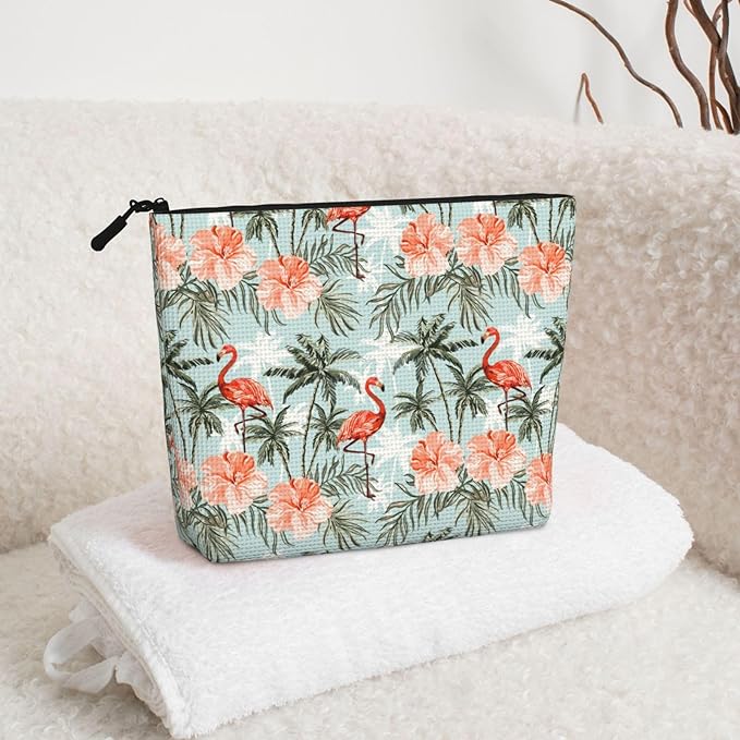 MOLAIGIN Hawaiian Flamingo Palm Trees Cosmetic Bag For Women, Travel Makeup Bag, Toiletry Zipper Bag, Large Capacity Aesthetic Cases