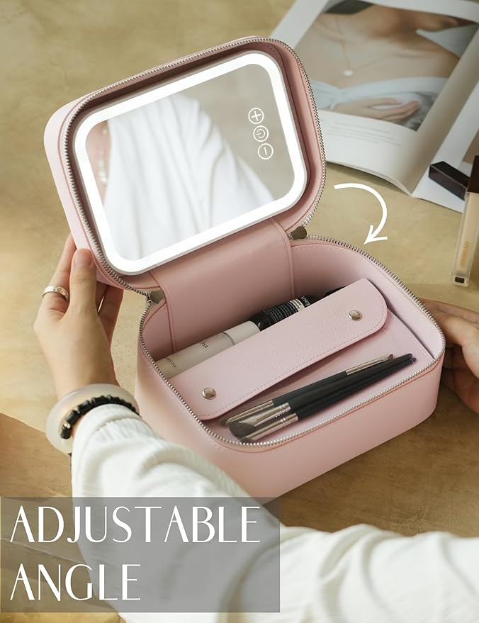 Popvibe Makeup Case with Mirror Lighted Up Travel Vanity Make Up Bag Set with Brush Storage, Pink Leather Cosmetic Bag Compact Traveling Small Train Case Luxury Travel Essentials Portable Makeup Box