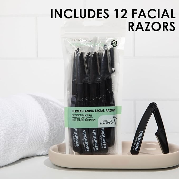 JAPONESQUE Essentials Dermaplaner Facial Hair Razors 12 Pack – Precision Blades for Peach Fuzz Removal, and Eyebrow Shaping for Men & Women