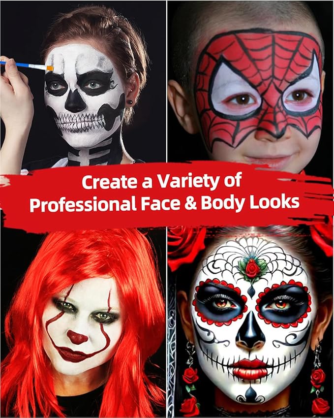 3 Colors Oil Based Face Body Paint Set with 6 Brushes, White Black Red Clown Makeup Kit for Halloween Goth Pennywise Joker Devil Zombie Vampire Skeleton SFX Cosplay Stage, Non Toxic for Kids & Adults