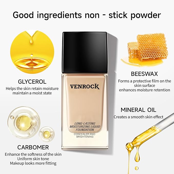 VENROCK 24HR Long-Lasting Moisturizing Liquid Foundation | Radiant, Waterproof, Concealing & Oil-Control (01# Ivory White, 30ml)