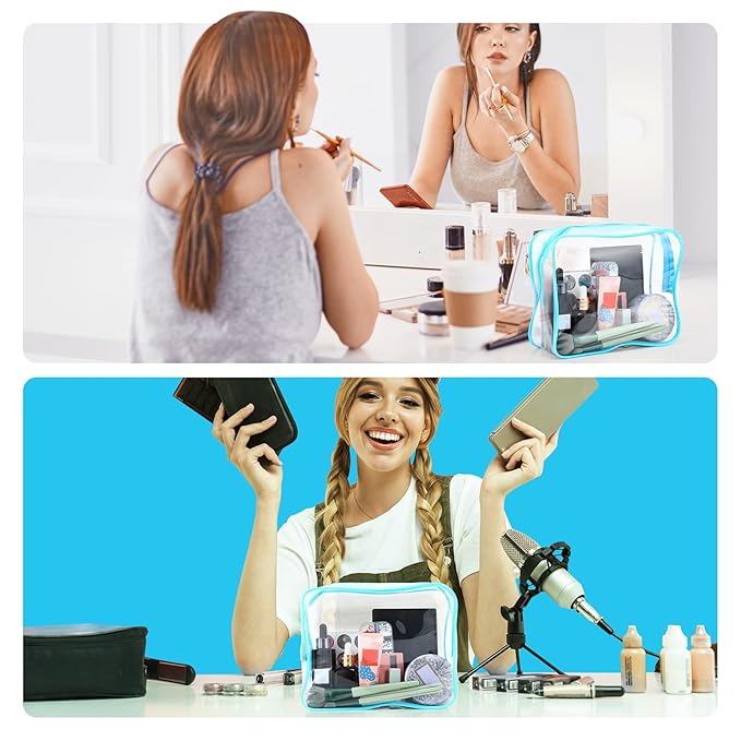 Weewooday 12 Pieces Clear Makeup Bags Cosmetic Storage Bags PVC Zipper Pouches Travel Waterproof Makeup Plastic Case for Women Organizing Toiletries Traveling Bathroom(Large,Blue)