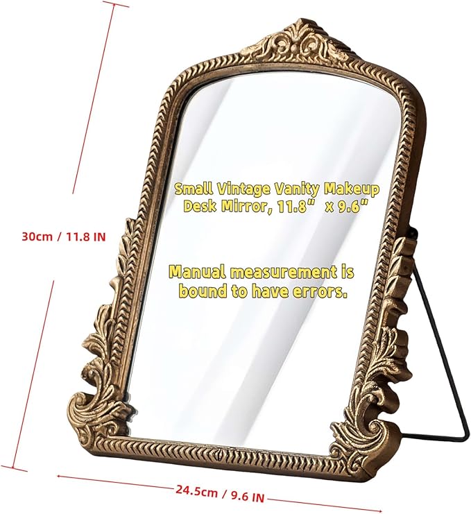 Small Gold Vintage Vanity Mirror, Antique Gold Wooden Framed Standing Tabletop Mirror, Traditional Chic Arch Makeup Mirror for Living Room, Bedroom, Bathroom, or Office Decor, 11.8" x 9.6"