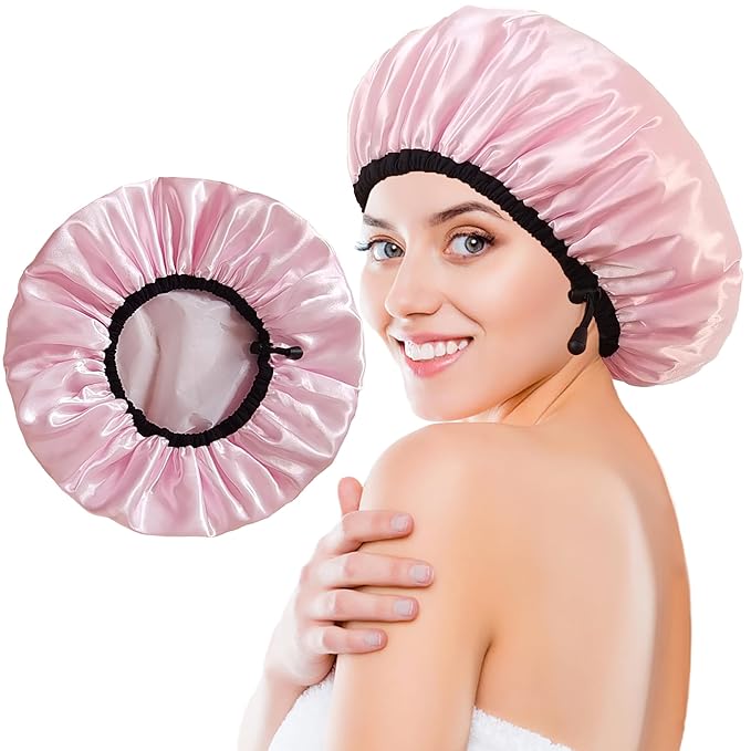 Shower Cap for Women, Large Shower Caps Reusable Waterproof with Elastic Band, Silky Satin Double-layer Bath Cap for Braids Long Hair