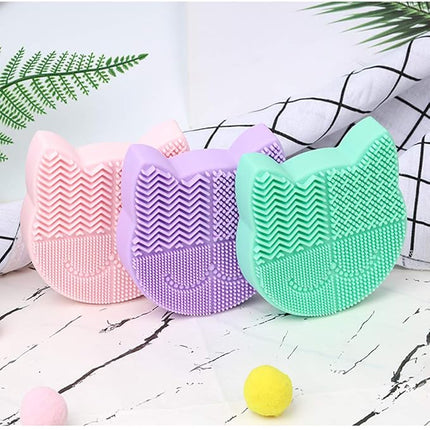 Silicon Makeup Brush Cleaner Mat with Drying Holder - Portable Cat Shaped Cosmetic Brush Cleaner Pad - New Orange