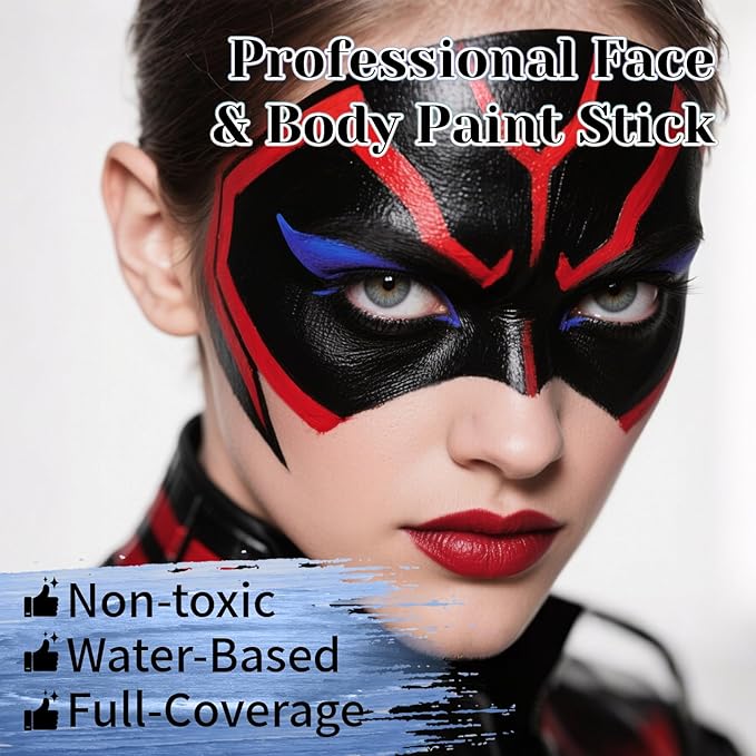 Red Black Blue Face Body Paint Stick Set with Translucent Setting Powder and Sponges, Professional Full Coverage Face Painting for Adults Halloween Cosplay SFX Joker Skull Monster Makeup