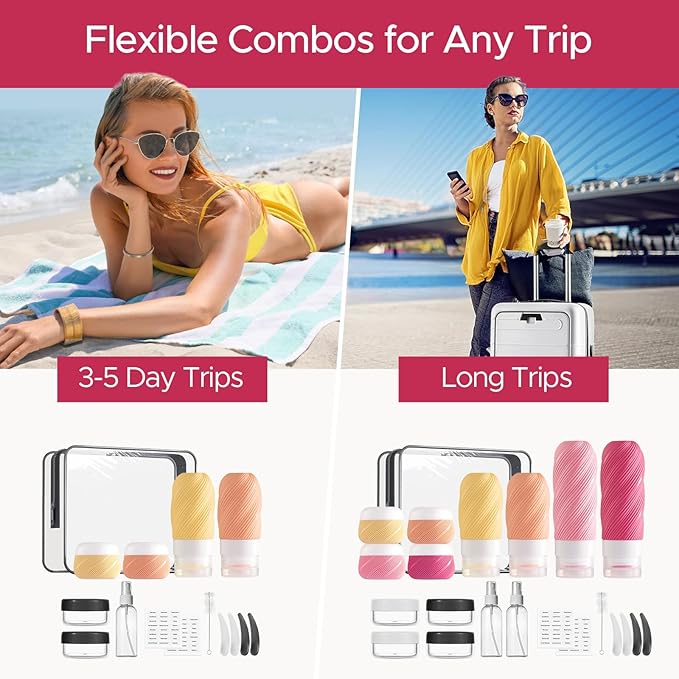 23 Pack TSA Approved Travel Bottles for Toiletries, Leak Proof Refillable Travel Size Containers Kit with Silicone Squeezable Bottles Jars for Shampoo Lotion Conditioner, in Clear Bag, Pink