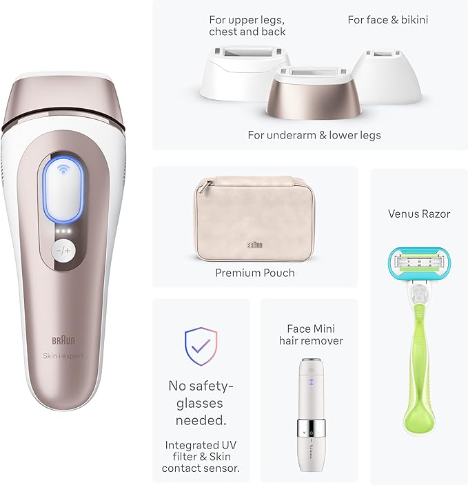 Braun Smart IPL, Skin i·Expert Pro 7: at Home Laser Hair Removal for Women and Men, Permanent Visible Hair Reduction, with Free App, Vanity Case, Venus Razor, 2 Smart Heads, Facial Trimmer, IPL7219