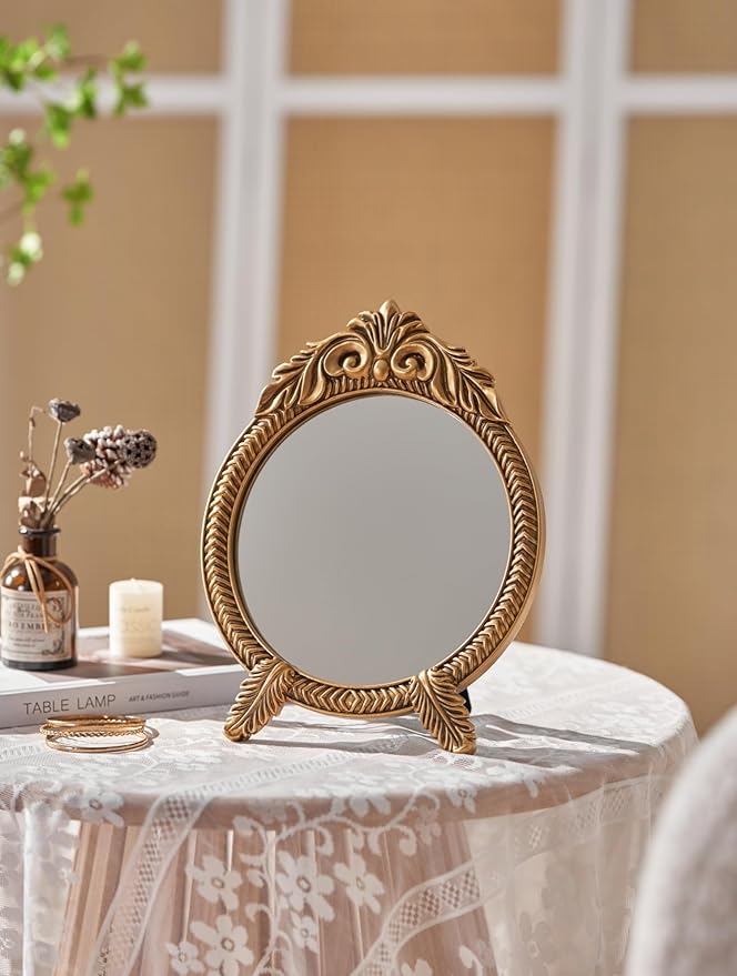 Small Round Gold Vintage Vanity Mirror – 9.5" x 12.5" Small Baroque Desktop Mirror, Antique Freestanding Dressing Table Mirror for Bedroom, Living Room, and Countertop Décor