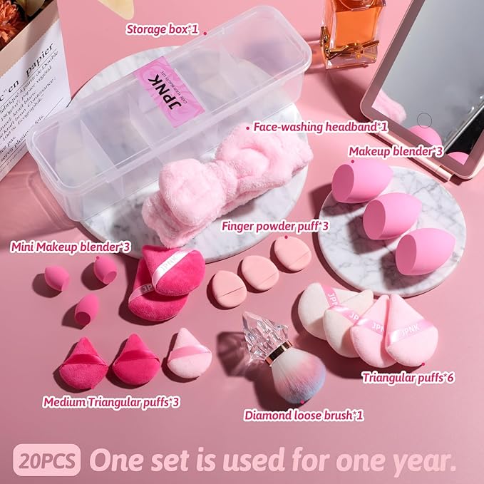 JPNK 20PCS Makeup Sponges Set with Powder Puff Brush for Liquid, Cream, and Powder And Small Mini Figure Makeup Sponge