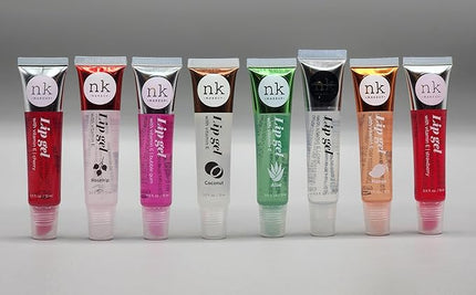 VARIETY SET OF 8 NICKA-K Vitamin-E Lip Gloss (Clear, Rosehip, Coconut, Aloe, Mango, Strawberry, Bubble Gum, Cherry)
