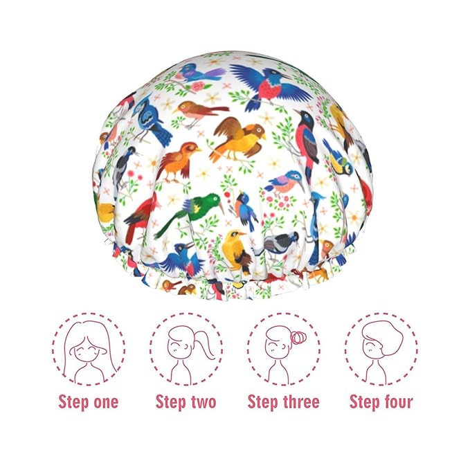 Birds Pattern Shower Cap For Women Reusable Waterproof Double Layers Bath Cap Hair Protection Elastic Ladies Spa Salon Shower Hat