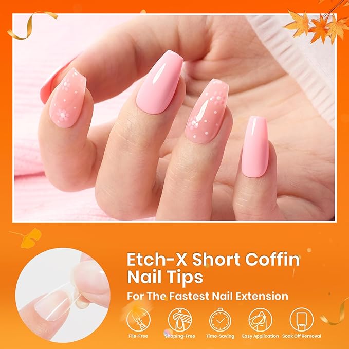 Beetles Gel Nail Tips Short Coffin Pre-Etched Nail Tips, 12 Sizes 288 Pcs Full Cover Soft Tips Half Matte False Nails Clear Acrylic Glue on Nails Extension DIY Manicure Gifts for Women