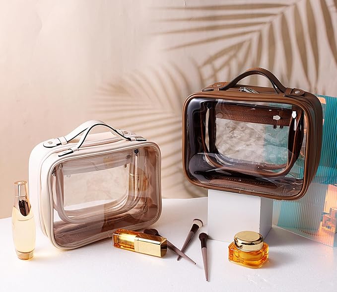 SANHECUN traveling toiletry Case large clear cosmetics case makeup bag Dimensions | LxWxH:10” x 4.5” x 7.5”(Brown, Medium)