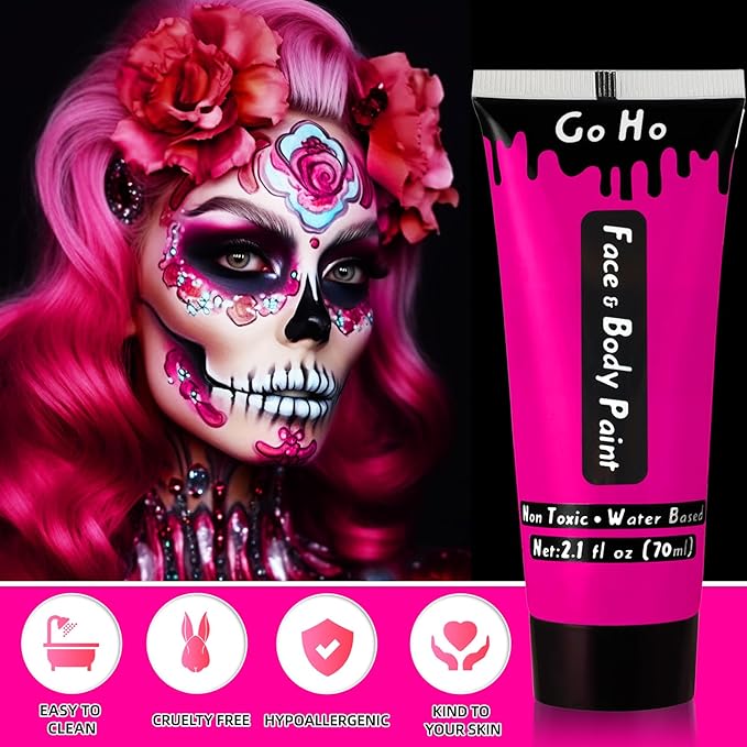 Go Ho Hot Pink Body Paint Washable(2.37oz/pc),Water Based Cream Hot Pink Face Paint,Pink Face Body Paint for SFX Cosplay Costumes Festivals Halloween Makeup