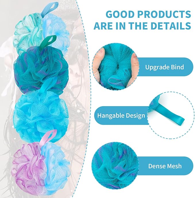 Bath Loofah Shower Sponge Body Back Scrubber Soft Mesh Shower Puffs Exfoliating Loofa for Women & Men Bath Accessories Cleaning Tool (4Pcs 75G, Extra Large)
