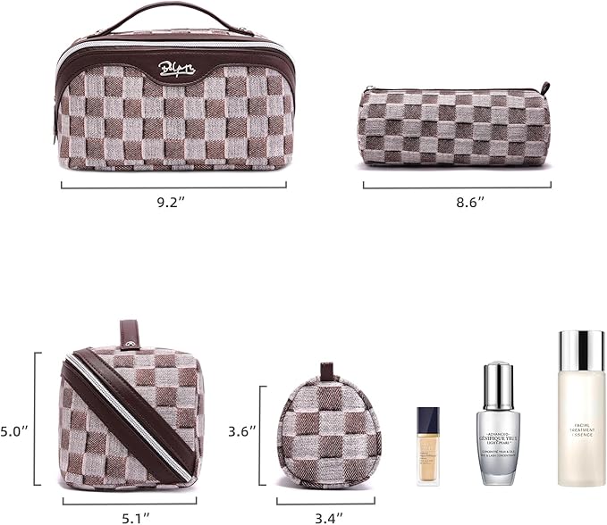 BOYATU Travel Makeup Bag for Women: Large Cosmetic Bag Set of 3 - PU Leather Make up Bag with Compartments - Compact Waterproof Toiletry Bag with Divider & Handle (C-03Brown)