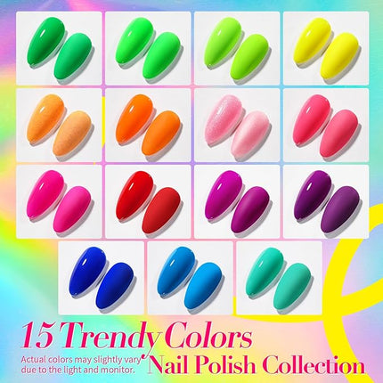 Born Pretty Neon Nail Polish Set, 15 Colors Spring Summer Nail Polish Quick Dry Nail Polish Kit Hot Pink Yellow Green Blue Neon Nail Lacquer Manicure Set for DIY Nail Art Salon Home Gift