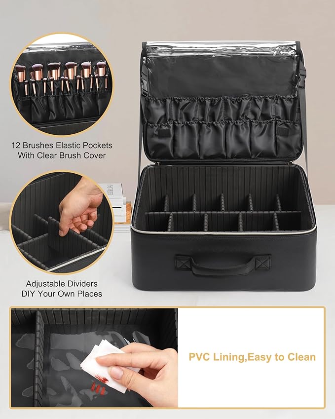 Relavel Extra Large Makeup Bag,Professional Makeup Train Case for Makeup Artists,Travel Cosmetic Organizer Box with 4 Small Portaleb Case Bag&Brush/Lipstick Plate,Adjustable Compartments Dividers