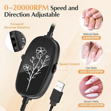 JIASHENG USB Electric Nail Drill, Portable File for Acrylic Gel Nails, Professional Manicure and Pedicure Kit With Drill Bits for Home and Salon Use, Black
