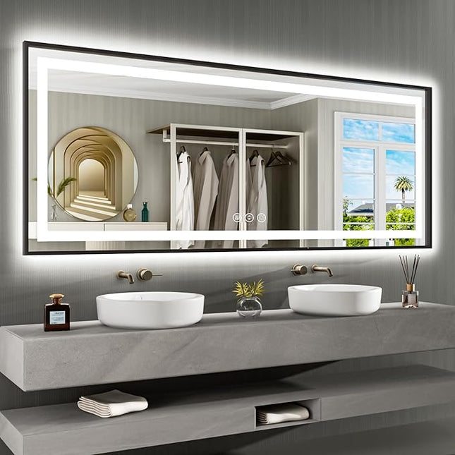 Amorho 84"X32" LED Bathroom Mirror Framed, Front Light and Backlit, Stepless Dimmable, Anti-Fog, Shatter-Proof, Memory, 3 Colors, Double LED Vanity Mirror