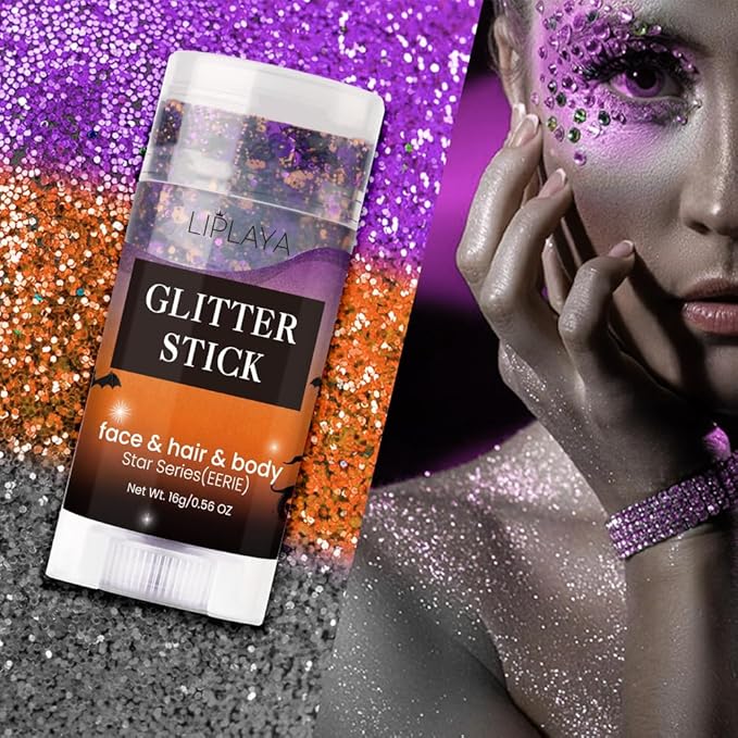 Face and Body Glitter Stick, Singer Concert Music Rave Face Body Sequins Glitter Stick for Women Face/Body/Hair/Eyes/Lip Glitter Makeup. (Black & Orange & Purple)