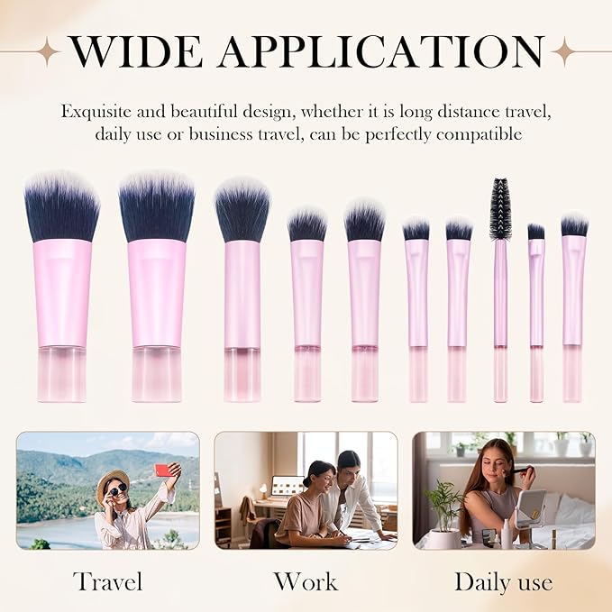 10 Pcs Mini Portable Makeup Brush Set Complete Travel Cosmetic Brushes Kit with Pouch for Blush Powder Eyeshadow Perfect for Women and Girls(pink)