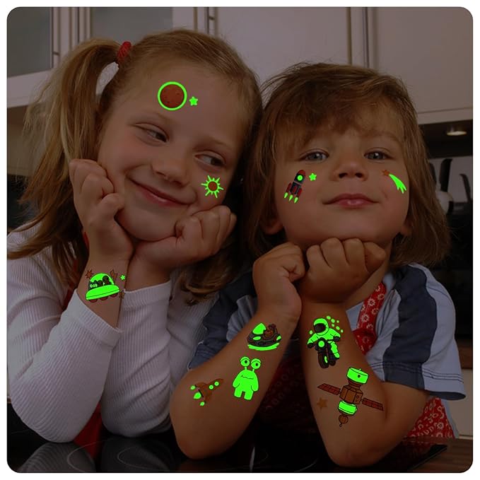 Temporary Tattoo for Kids, Space and Vehicle Glow In Dark Tattoos, 250+ Patterns Luminous Fake Tattoo Sticker，Planet Astronaut Spaceship Alien Plane Car 36 Sheets Long Lasting Tattoo for Party Supply