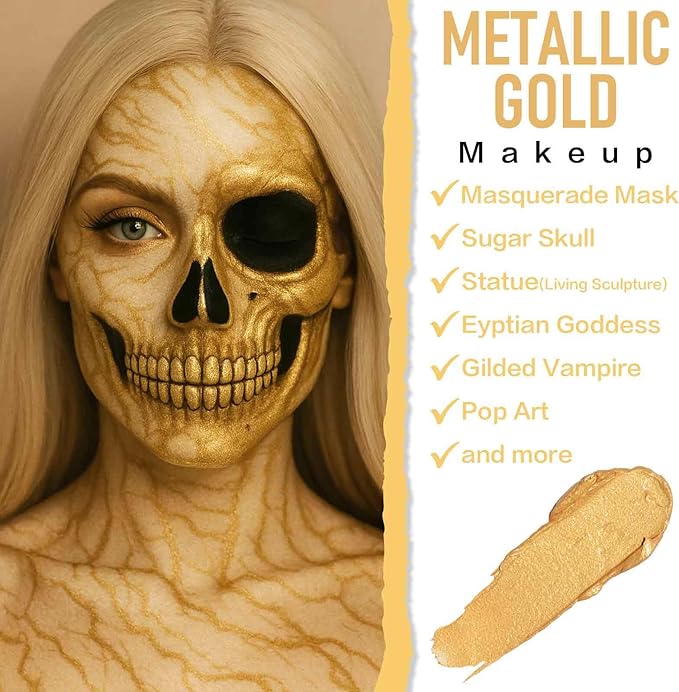 BOBISUKA Metallic Gold Face Body Paint, Water-Based Face Painting Kit & Body Paints, Facepaint for Adults Halloween Golden Masquerade Mask & Skull Special Effects Art Make-Up Costume Cosplay & Theater