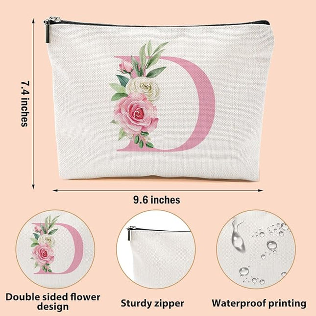 Pink Monogram Makeup Bag, Initial D, Cosmetic Bag Personalized Travel Organizer Bags Makeup Pouch, Monogrammed Gifts for Women Girls Friend Sisters Coworker Bridesmaid Wedding Bridal Shower Gifts
