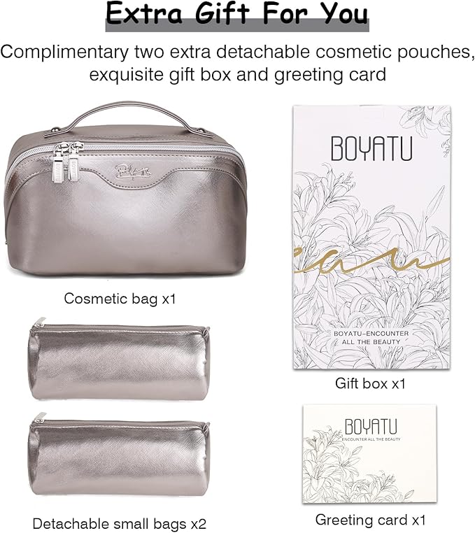 BOYATU Travel Makeup Bags for Women: Vegan Leather Cosmetic Bag Set of 3 - Large Capacity Make up Bag with Divider - Wide Open Waterproof Toiletry Organizer Bag with Handle (05-Gray)