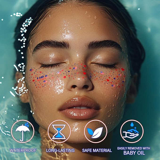 20 Pcs Blue Red and White Glitter Freckles Face Tattoos, Independence Day Glitter Freckles, Waterproof Temporary Face Tattoos for Women and Kids, USA Patriotic, Memorial Day Fake Tattoos