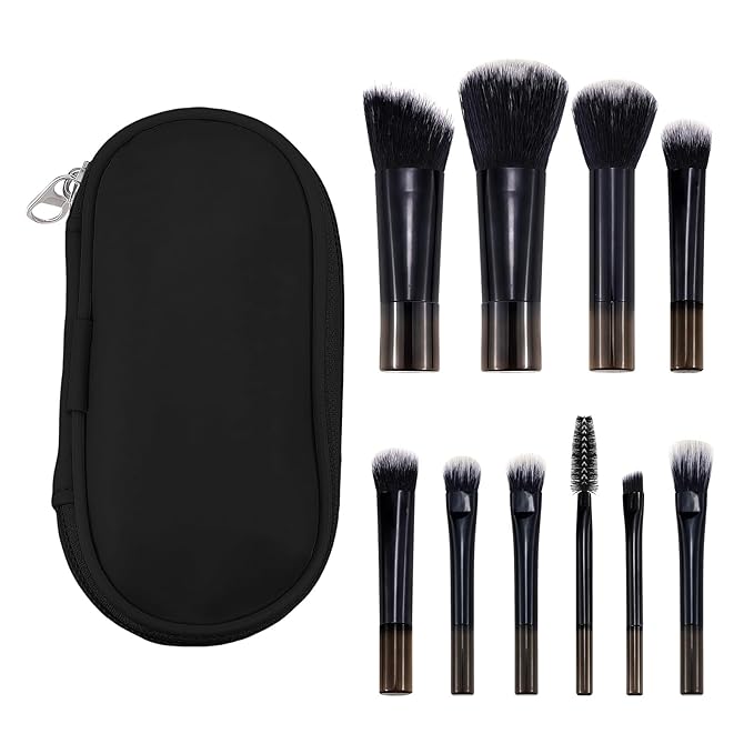 10 Pcs Mini Portable Makeup Brush Set Complete Travel Cosmetic Brushes Kit with Pouch for Blush Powder Eyeshadow Perfect for Women and Girls(black)