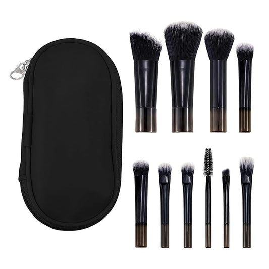 10 Pcs Mini Portable Makeup Brush Set Complete Travel Cosmetic Brushes Kit with Pouch for Blush Powder Eyeshadow Perfect for Women and Girls(black)