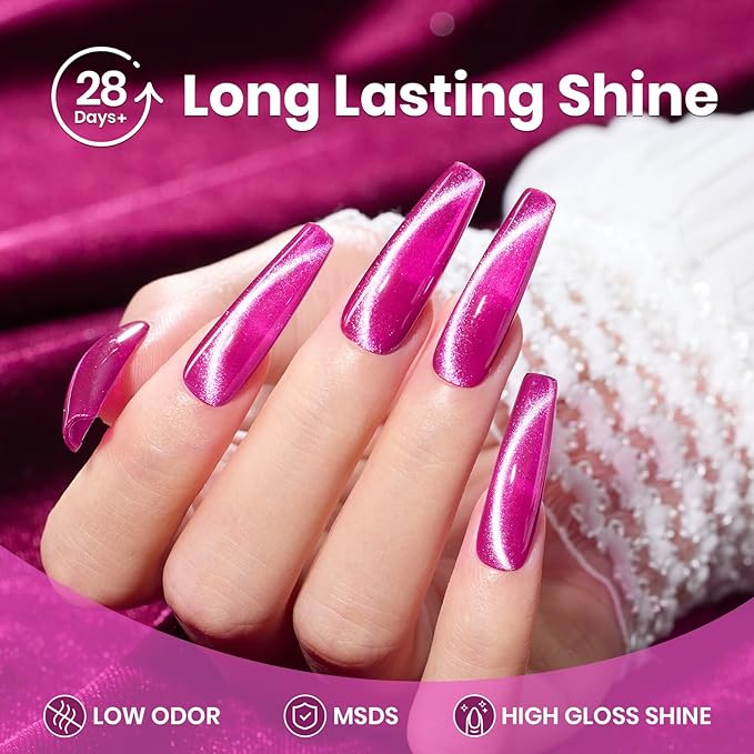 Beetles Hot Pink Gel Nail Polish - 15ML Summer Hot Pink Cat Eye Glitter Gel Polish with Magnet Soak Off UV Shimmer Velvet Gel Berry Stardust Series French Nail Art Manicure Gifts for Women