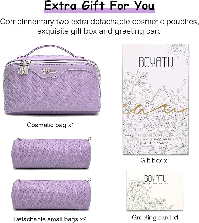 BOYATU Travel Makeup Bags for Women: Vegan Leather Cosmetic Bag Set of 3 - Large Capacity Make up Bag with Divider - Wide Open Waterproof Toiletry Organizer Bag with Handle (L13-Purple)