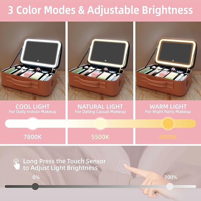 15"×11" Large Pink Makeup Bag with Mirror, Personal Item Travel Bag with Makeup Mirror 3 Lights, Waterproof Train Case with Mirror and Adjustable Dividers,Professional Lighted Makeup Case