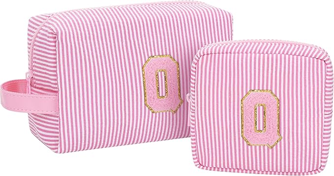 MONSTINA Preppy Chenille Makeup Bag|Personalized Initial Bags with Zipper,Cute Makeup Pouch Stripe Cosmetic Bag,Birthday Gift for Daughter|Preppy Things for Girls,2PCS Pink Q