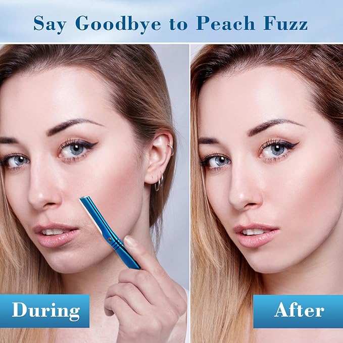 Eyebrow Razor for Women and Men, Face Razors for Women, Dermaplane Razor with Protective Silicone Cover, Reusable Metal Handle with 6 Refill Blades, Skin Care Tool - Blue