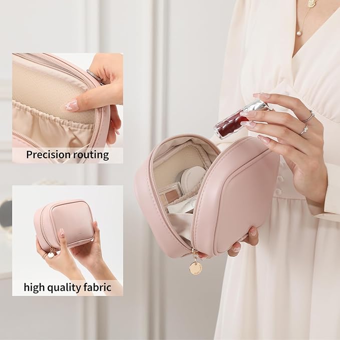 RIGHT AWAY Small Makeup Bag for Purse,Travel Cosmetic Bag Organizer for Women,Cute Make Up Pouch Waterproof Toiletry Bag with Zipper,Portable Makeup Case Skincare Bag for Travel Accessories(Pink)