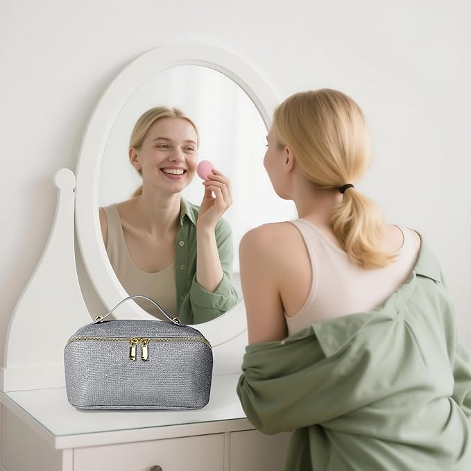 Makeup Bag for Women Travel Cosmetic Bag Toiletry Oraganizer Case Bag Travel Essentials Portable Pouch with Waterproof Large Capacity PU Leather Lining