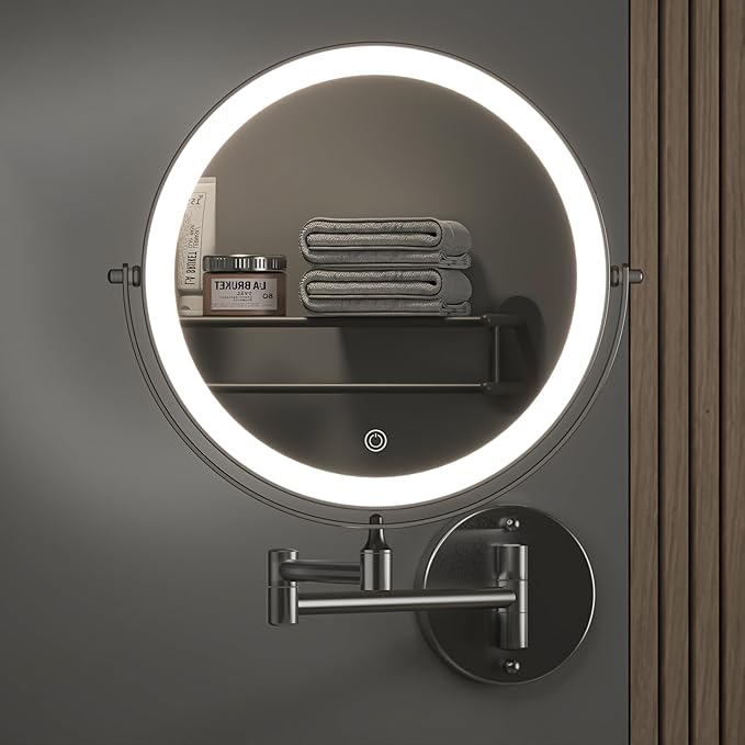 Hasipu 8.5-Inch Wall Mounted Makeup Mirror with Magnification, Rechargeable 2000 mAh Vanity Mirror with Lights, Bathroom Mirror with Dimmable Brightness, 3 Lighting Modes, Extendable Arm, Black