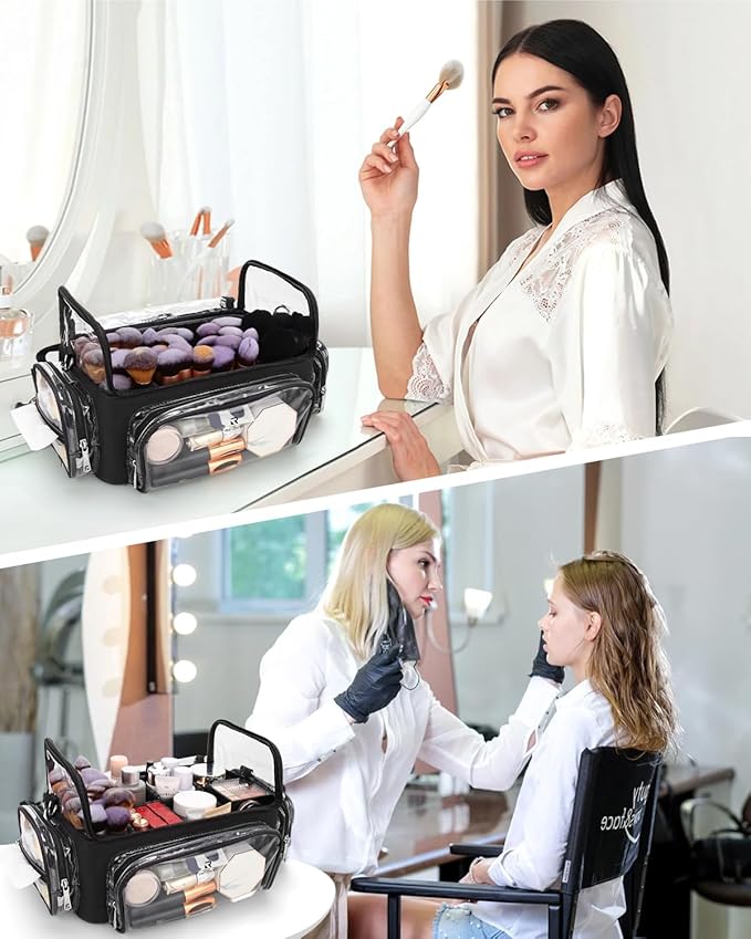 Makeup Brush Case, Clear Extra Large Cosmetic Organizer Holder Professional Makeup Artist Train Case with Adjustable Dividers&Strap Portable Makeup Brush Holder (02A-Black（XX Large）)