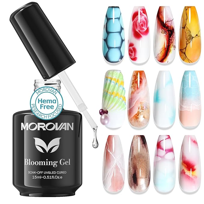 Morovan Blooming Gel Nail Polish: 15ml Clear Blooming Gel Polish Soak off UV/Led for Nails Art Design Spreading Effect Marble Watercolor Hema Free Formula for Solan Home DIY